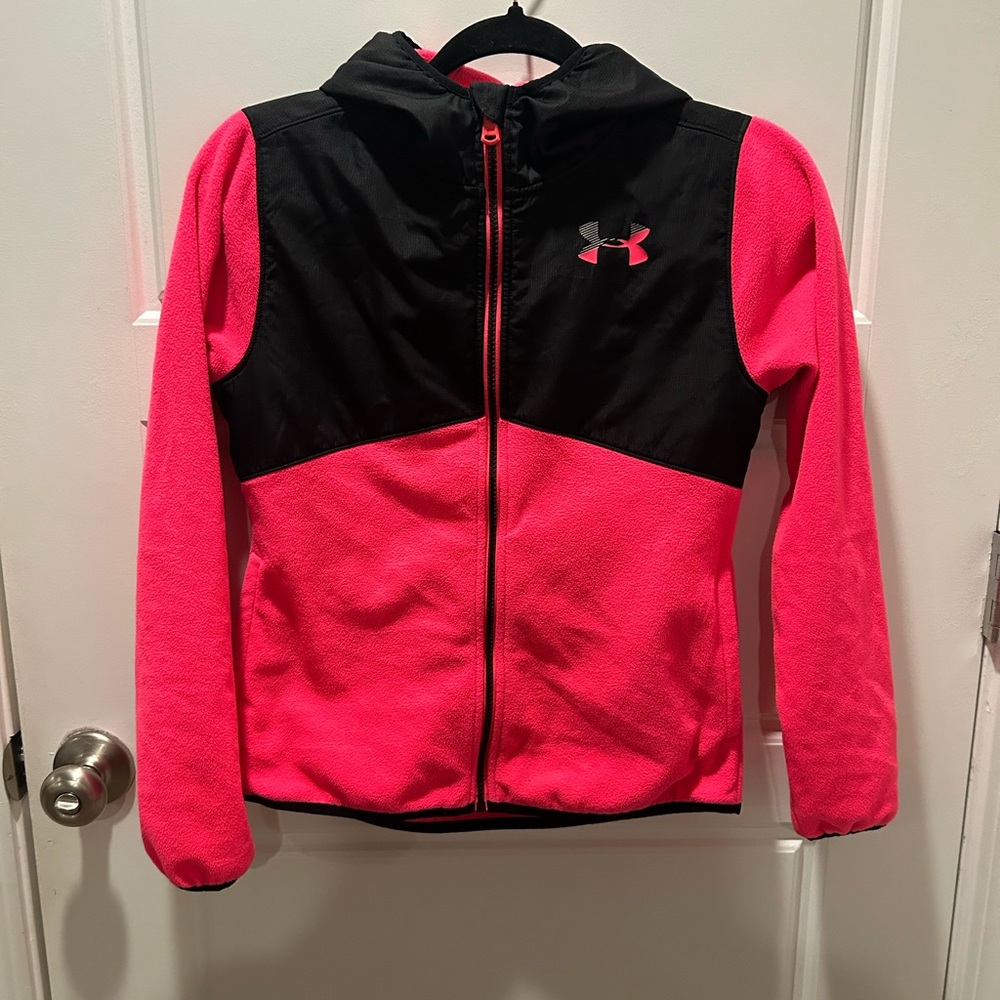 Girls’ Under Armour Size Large Pink and Black Hooded Jacket